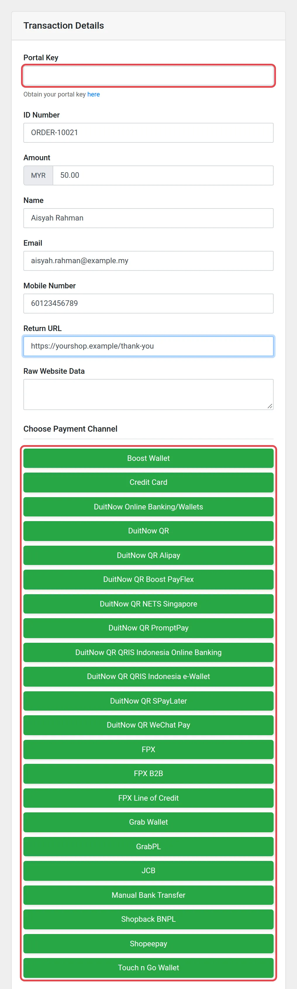 The Transaction Details form with sample values, the Portal Key field and the payment channel buttons highlighted