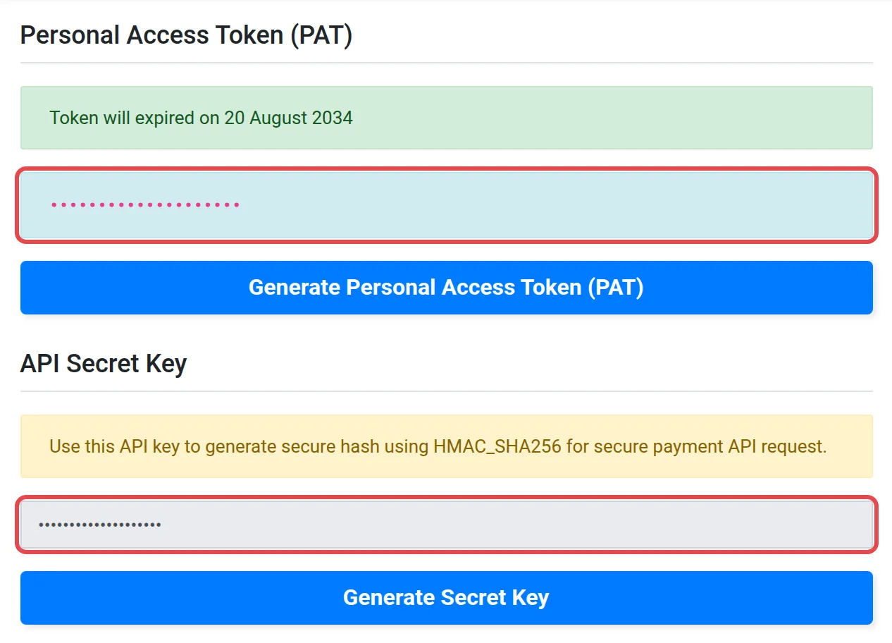 The Integration page with the Personal Access Token (PAT) and API Secret Key boxes highlighted, values hidden