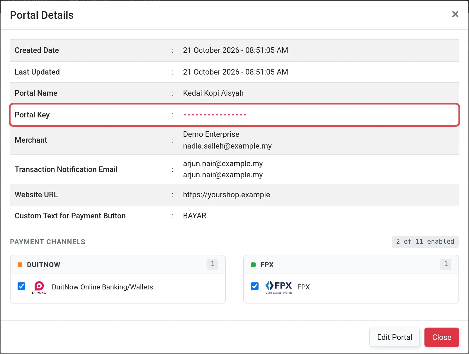 The Portal Details window with the Portal Key row highlighted, value hidden