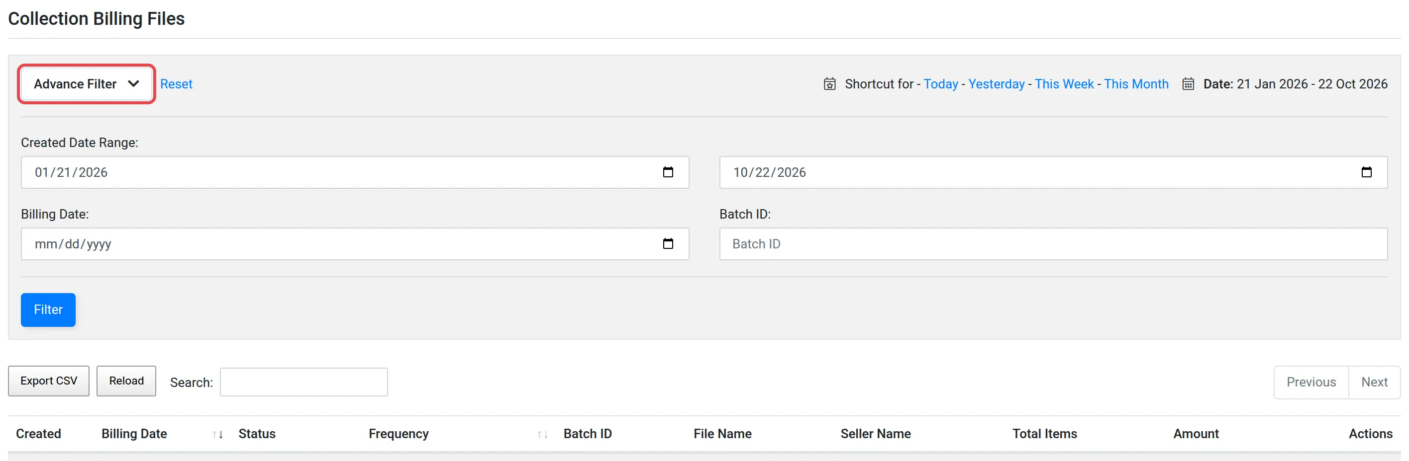The Collection Billing Files page with Advance Filter open and highlighted