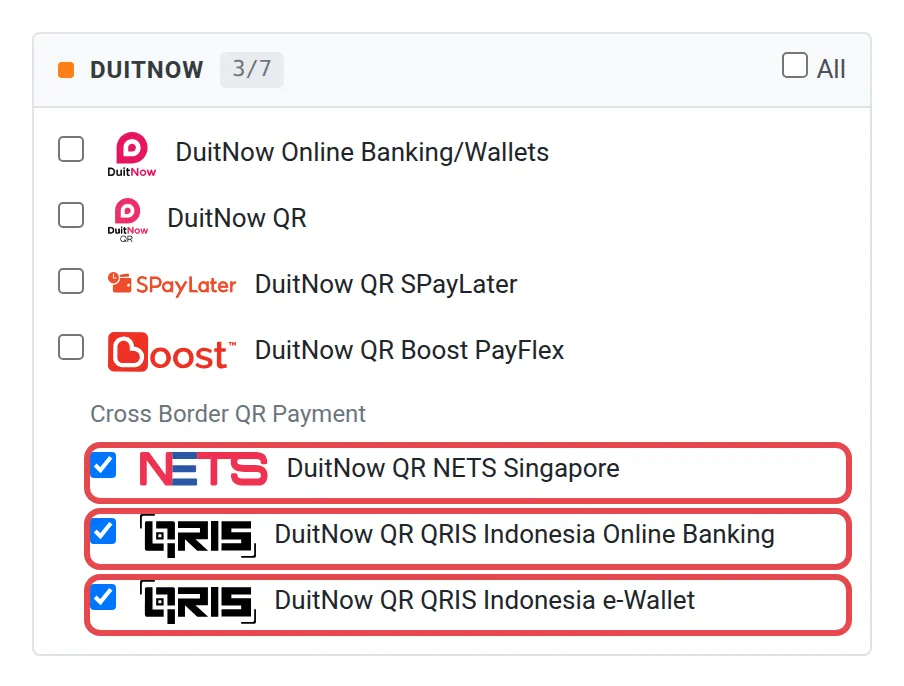 The Cross Border QR Payment channels with NETS Singapore and the two QRIS Indonesia channels ticked