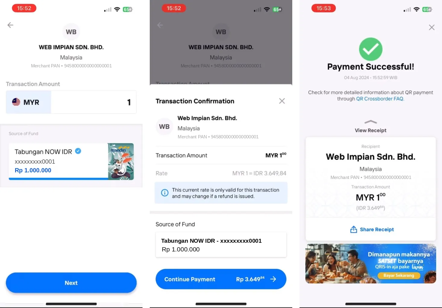 Livin’ by Mandiri: the amount in MYR, the Transaction Confirmation with the MYR to IDR rate, and the Payment Successful! screen