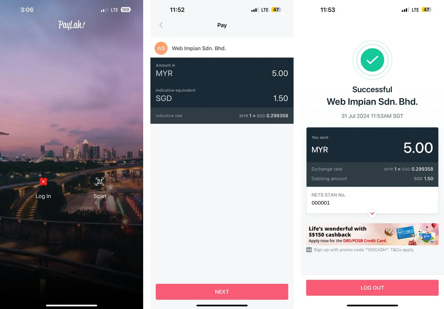 DBS PayLah!: the Scan button, the Pay screen with MYR 5.00 and SGD 1.50, and the Successful screen