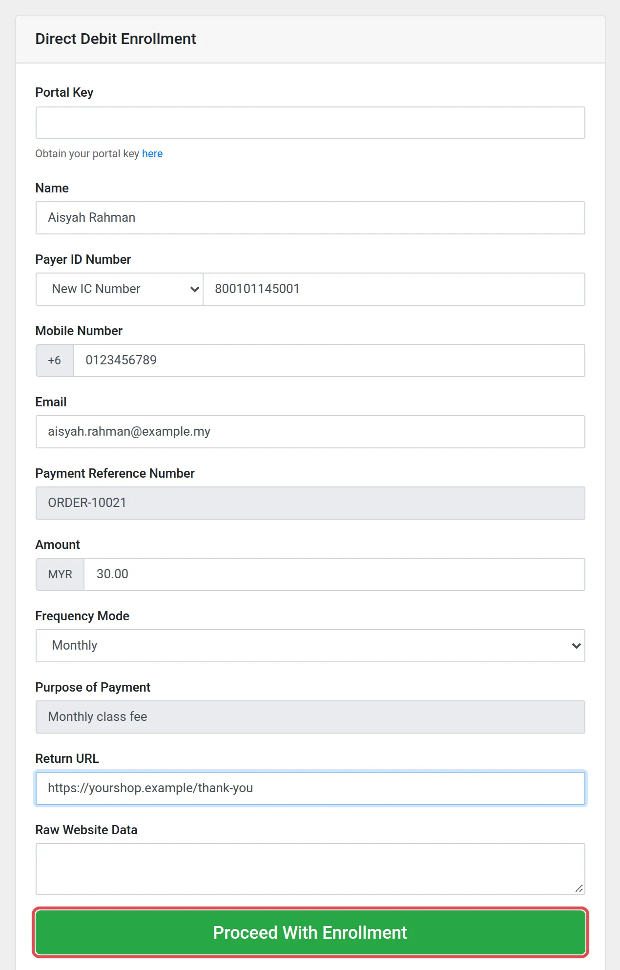 The Direct Debit Enrollment form with sample values and the Proceed With Enrollment button highlighted