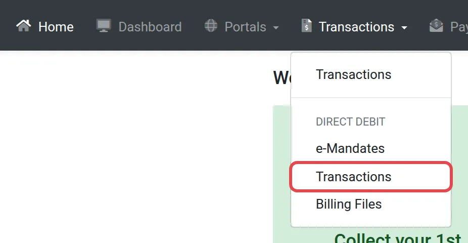 The Transactions menu open with Transactions under Direct Debit highlighted