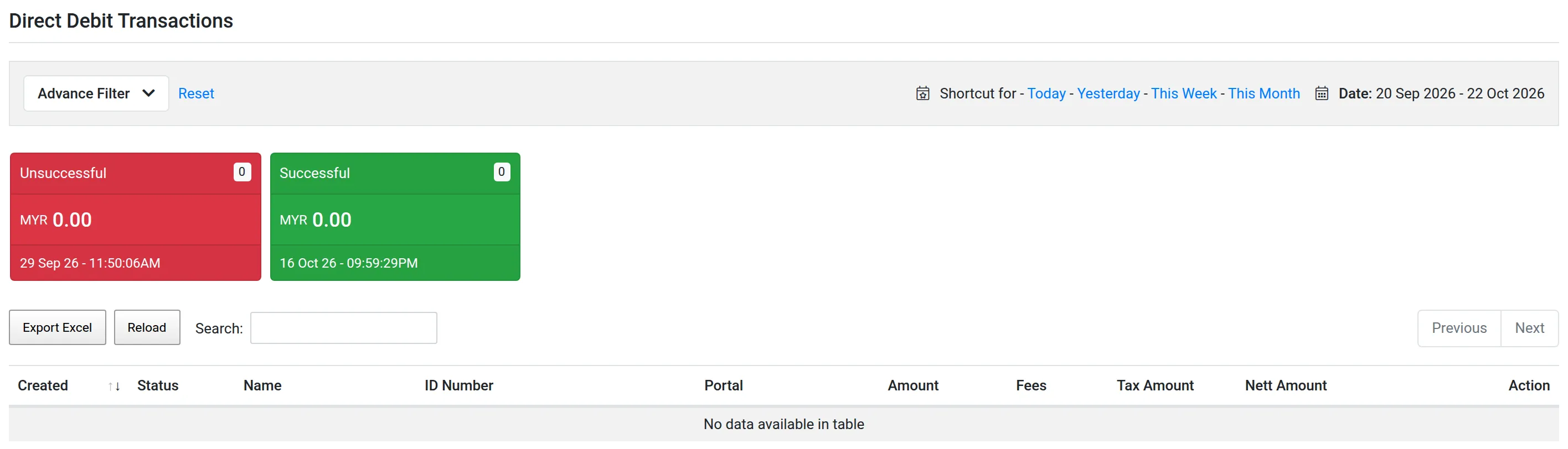 The Direct Debit Transactions page with the Unsuccessful and Successful totals and the list columns