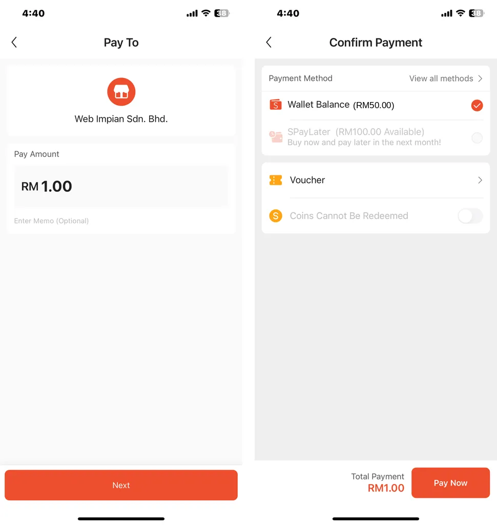 ShopeePay: the Pay To screen with RM 1.00, then the Confirm Payment screen with Wallet Balance selected