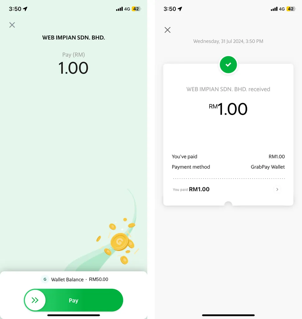 GrabPay: the pay screen with the shop name and 1.00, then the receipt with GrabPay Wallet as the payment method