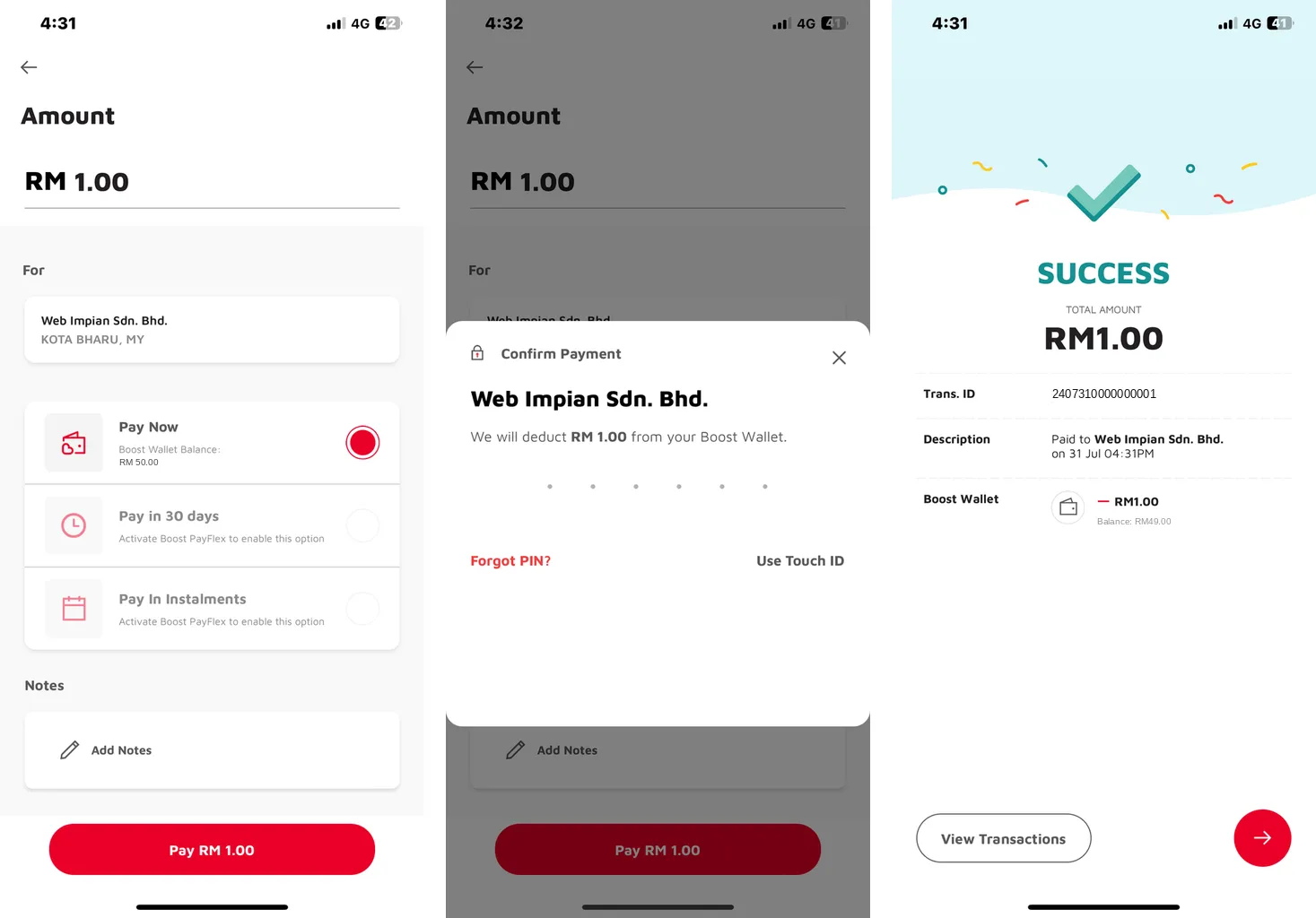 Boost: the Amount screen with Pay Now selected, the Confirm Payment window and the SUCCESS screen