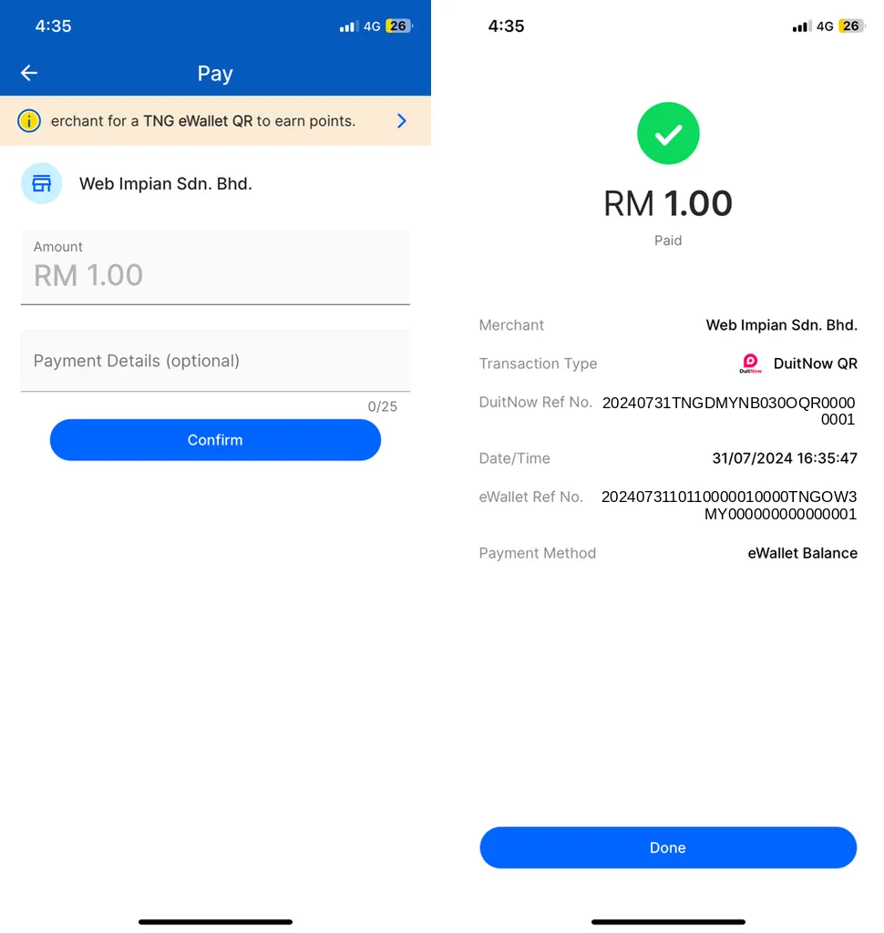 Touch ’n Go eWallet: the Pay screen with the shop name and RM 1.00, then the Paid receipt