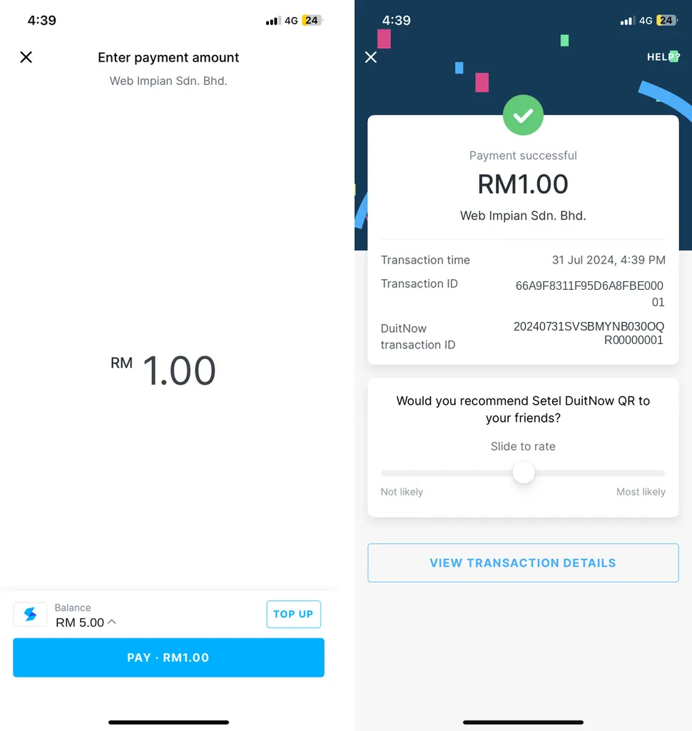 Setel: the Enter payment amount screen, then the Payment successful screen