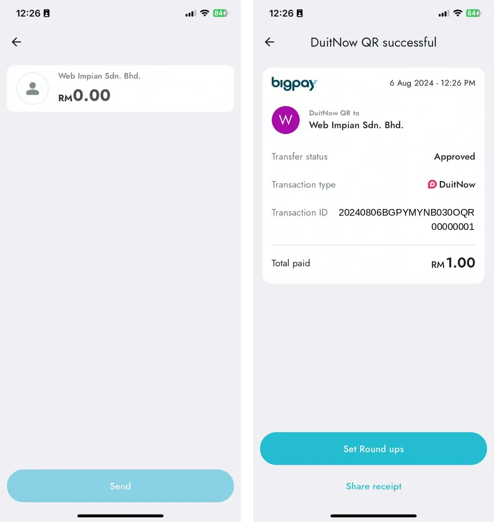 BigPay: the amount screen with the shop name, then the DuitNow QR successful receipt