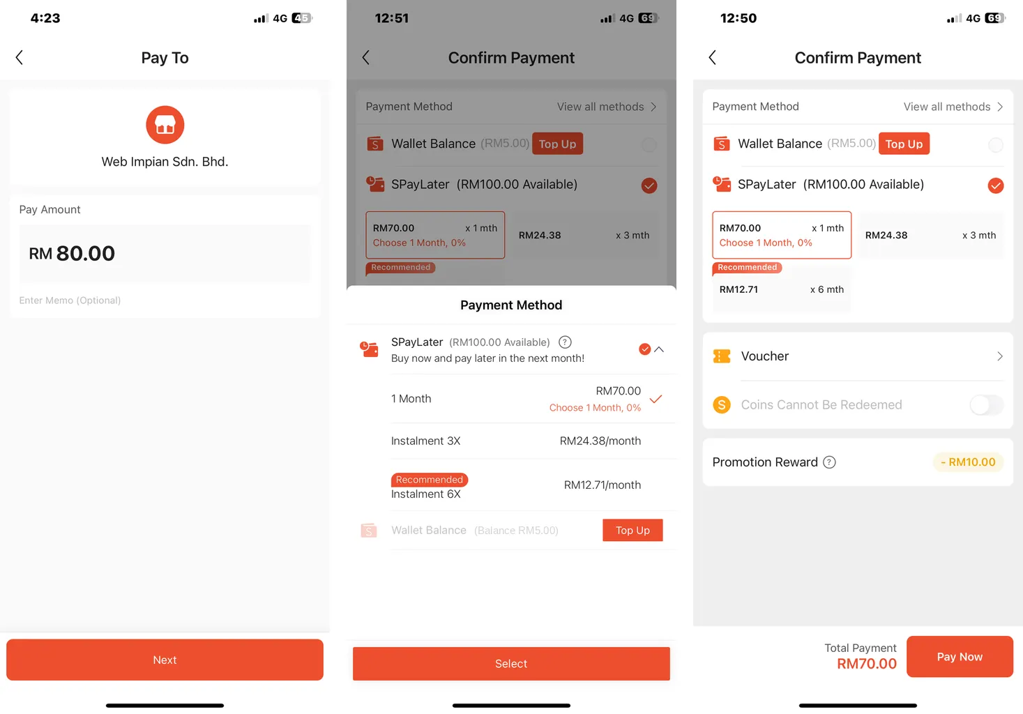 SPayLater: the Pay To screen with RM 80.00, the SPayLater plans, and the Confirm Payment screen with SPayLater selected