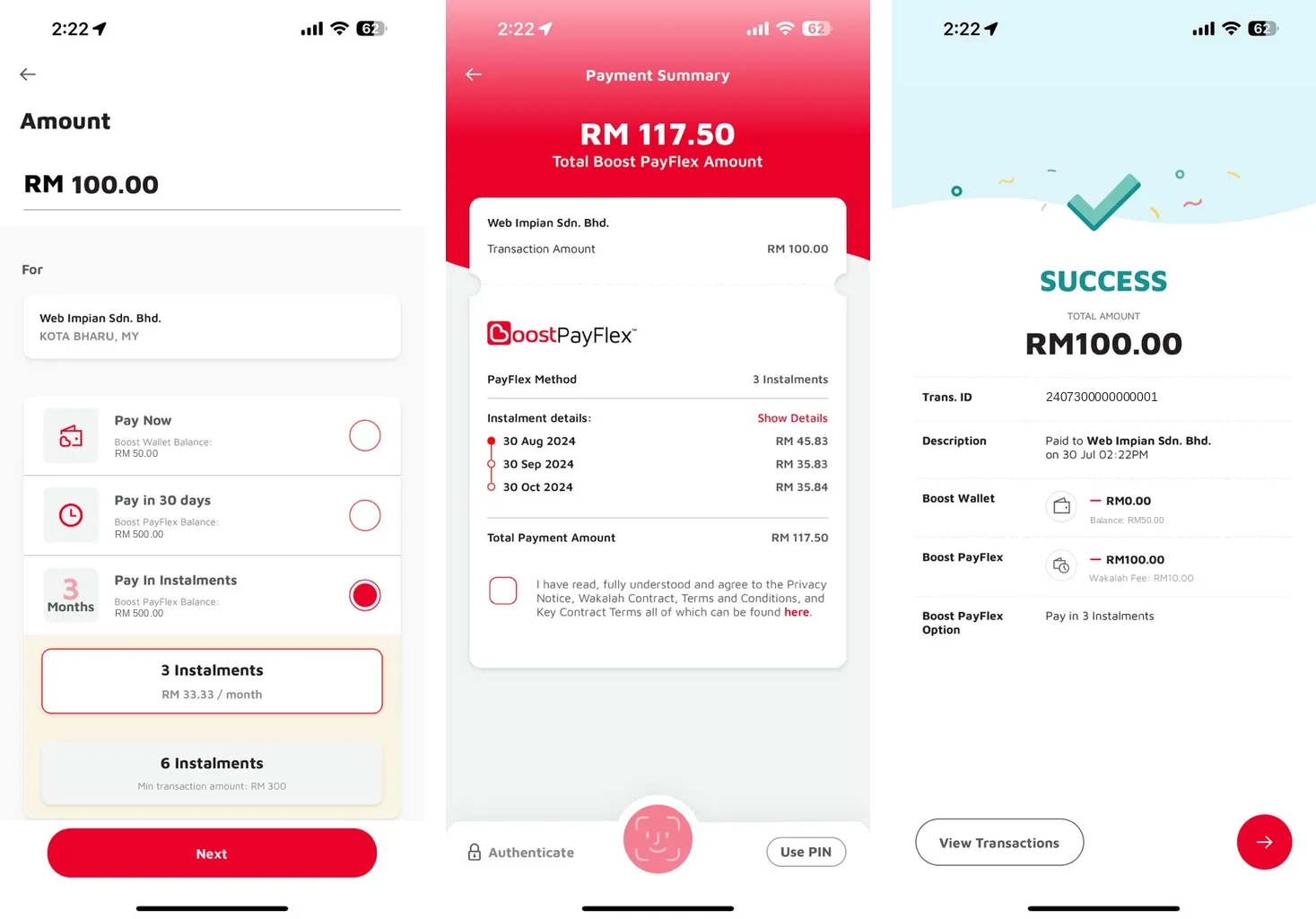 Boost PayFlex: the Amount screen with Pay In Instalments selected, the Payment Summary with 3 instalments, and the SUCCESS screen
