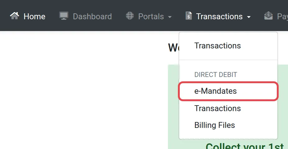 The Transactions menu open with e-Mandates under Direct Debit highlighted