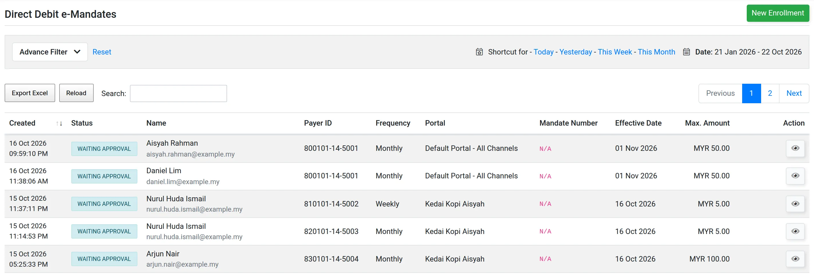 The Direct Debit e-Mandates page with sample e-Mandates