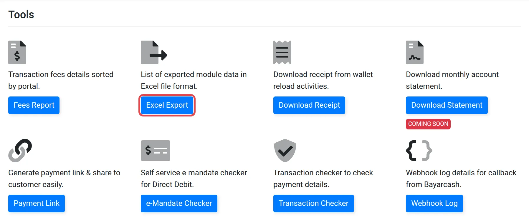 The Tools page with the Excel Export button highlighted
