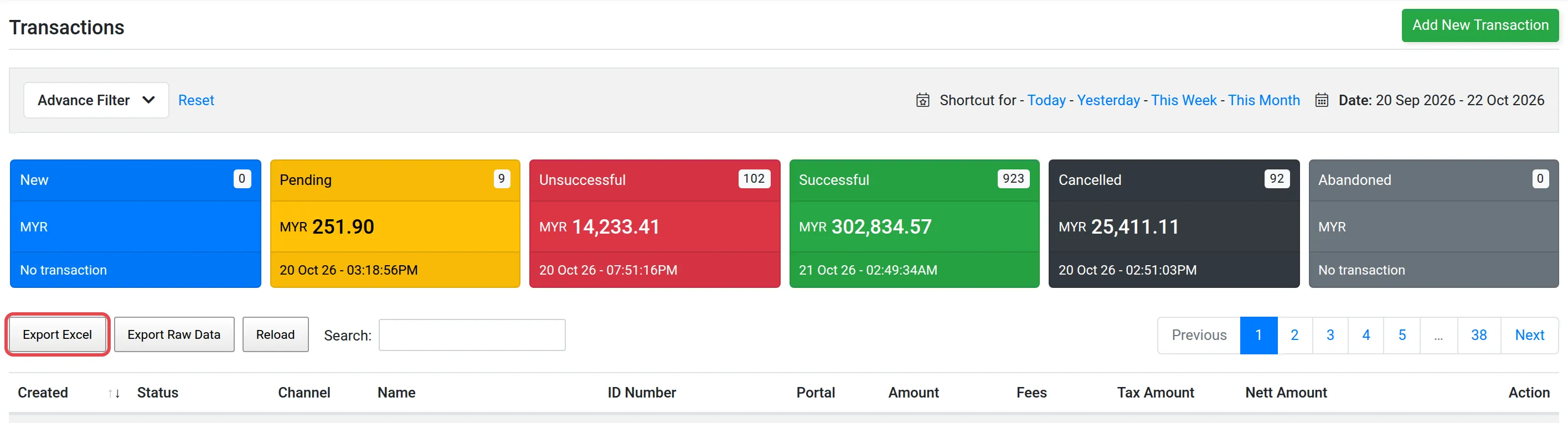 The Transactions page with the Export Excel button highlighted