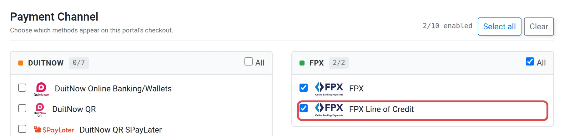 The FPX group on the Add New Portal form with FPX Line of Credit ticked and highlighted