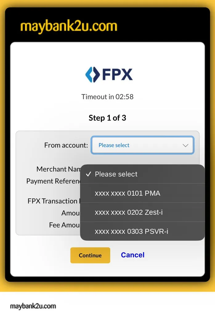 A Maybank2u FPX page with the From account list open. The list has only bank accounts (CASA)