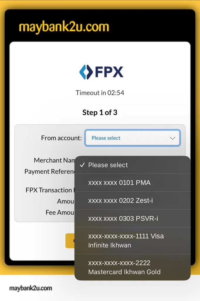 A Maybank2u FPX page with the From account list open. The list has bank accounts and two credit cards (CCA)