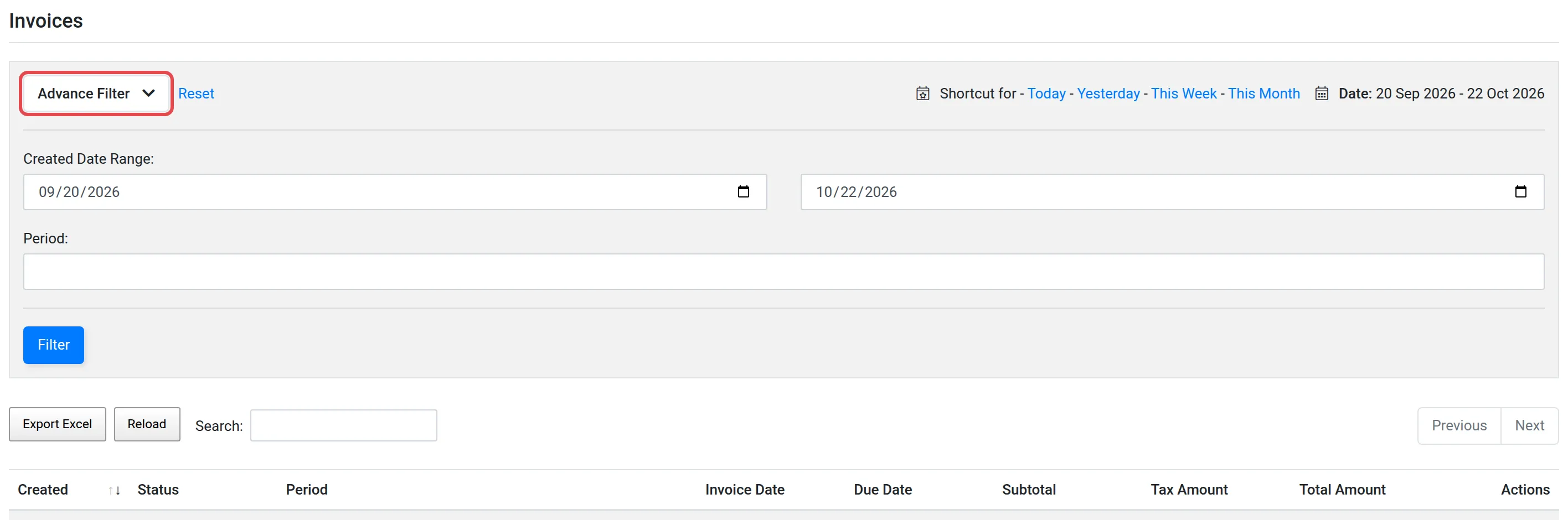 The Invoices page with Advance Filter open and highlighted