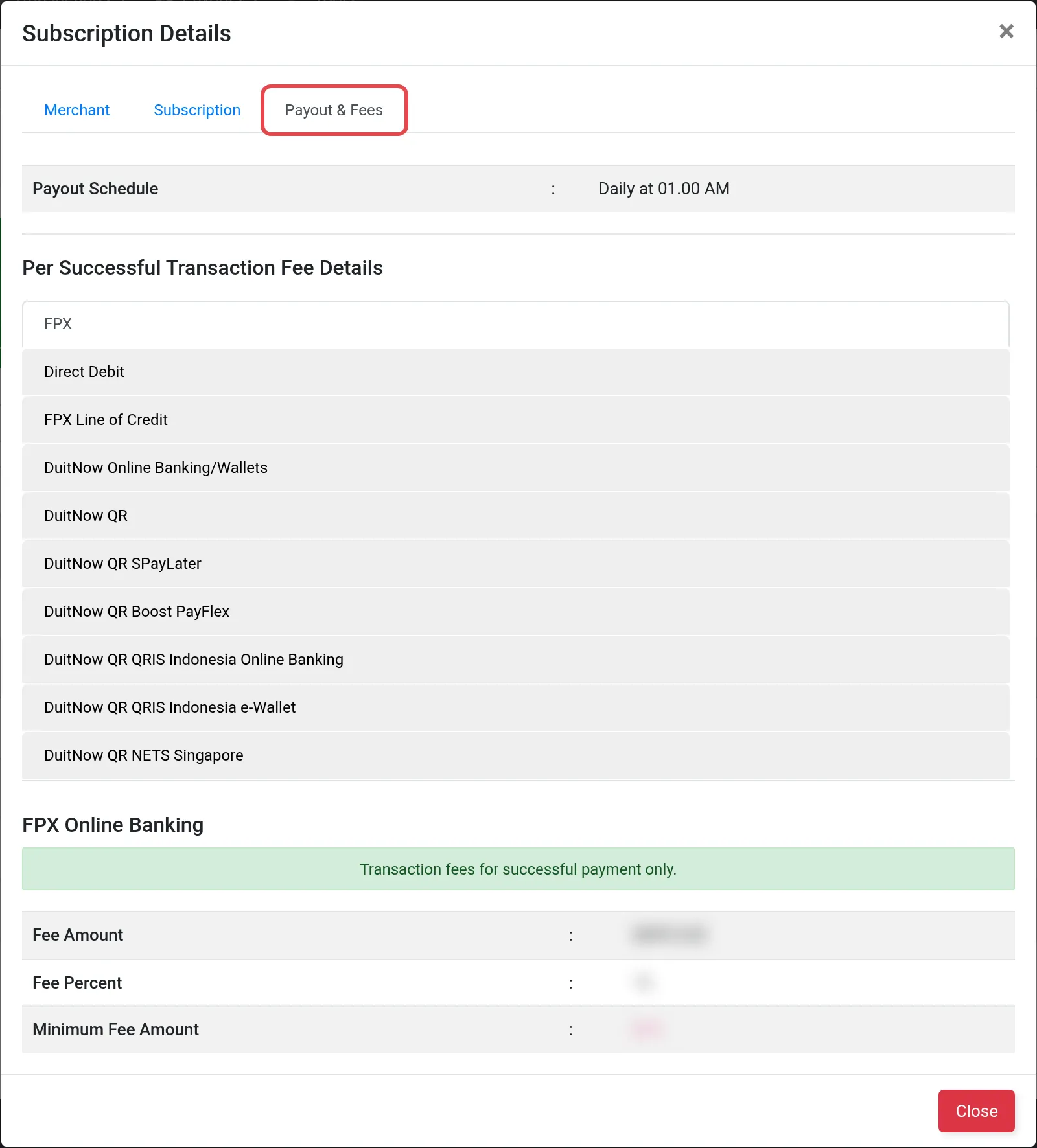 The Subscription Details window on the Payout & Fees tab, fee figures blurred