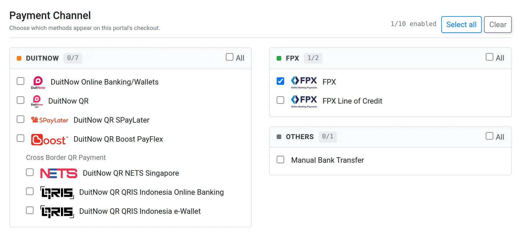 The Payment Channel section of the Add New Portal form, with the channels grouped by type