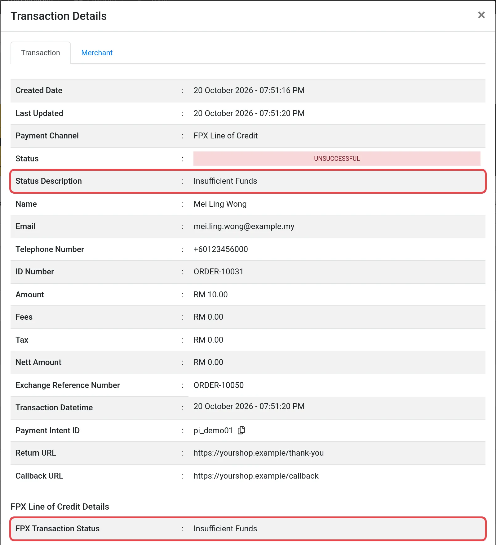 The Transaction Details window with the Status Description and FPX Transaction Status rows highlighted, both showing Insufficient Funds