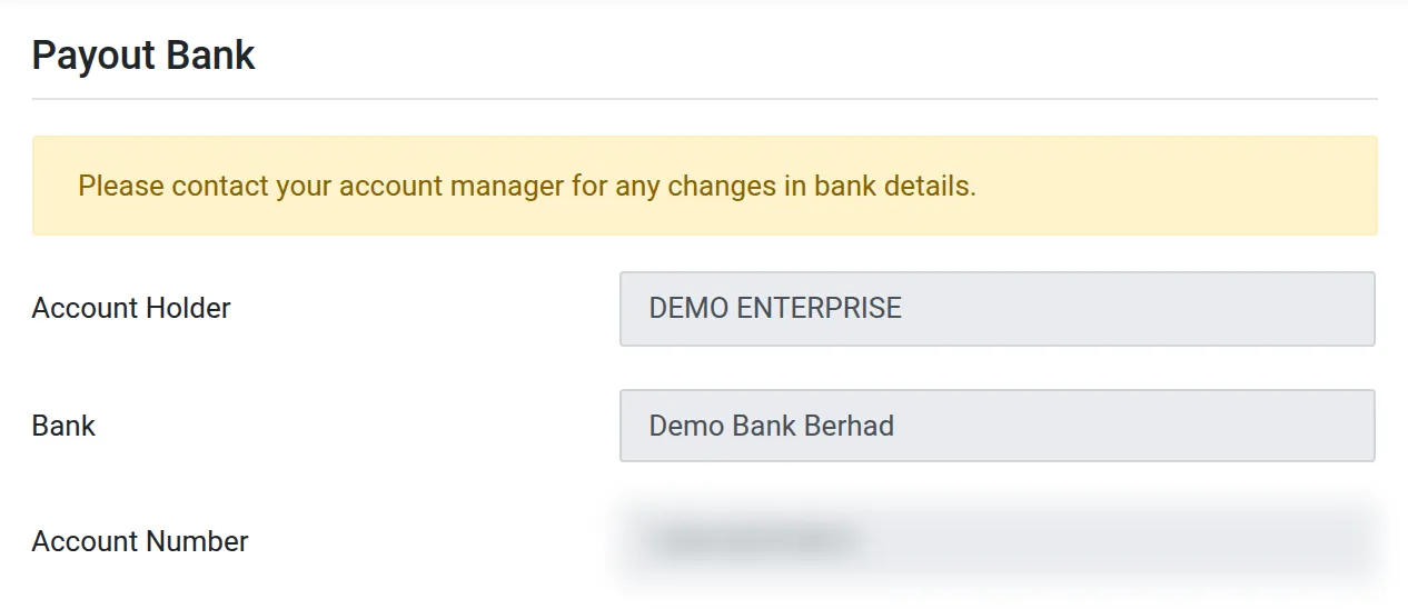 The Payout Bank page with sample details, account number blurred