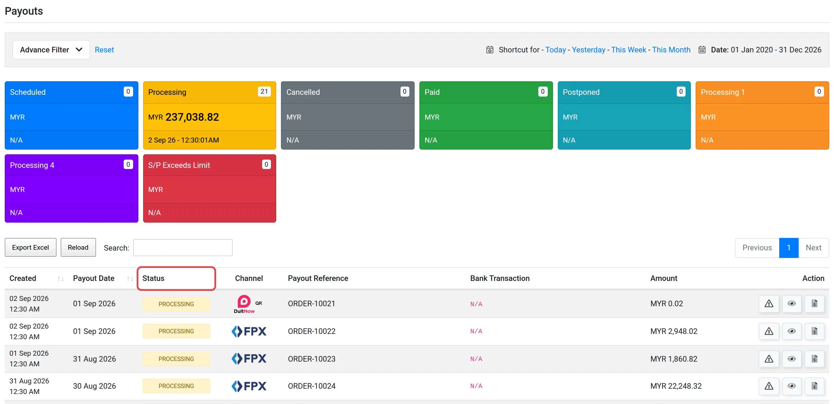 The Payouts page with the status totals and the Status column highlighted