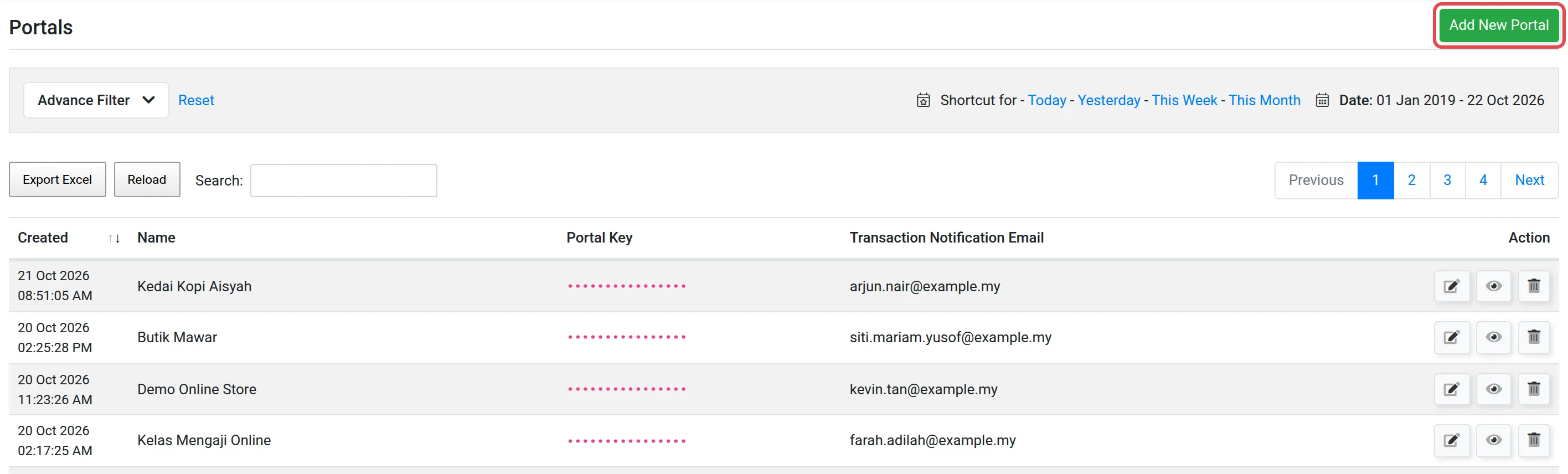 The Portals page with the Add New Portal button highlighted