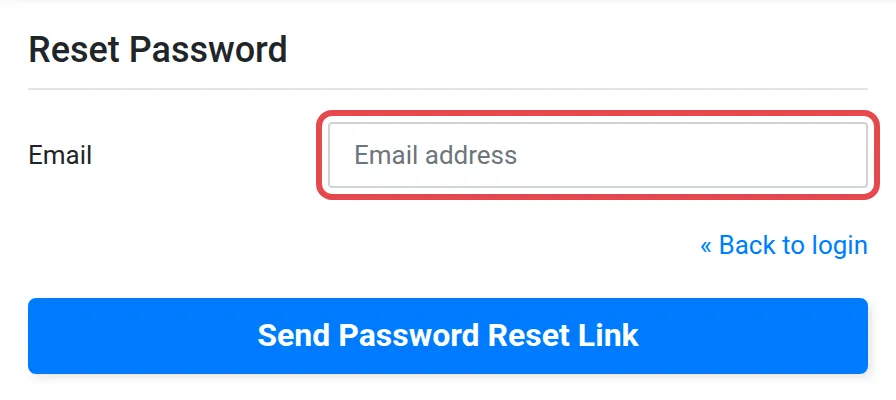 The Reset Password page with the Email field highlighted