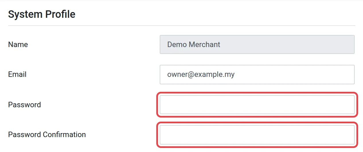 The System Profile section with the Password and Password Confirmation fields highlighted