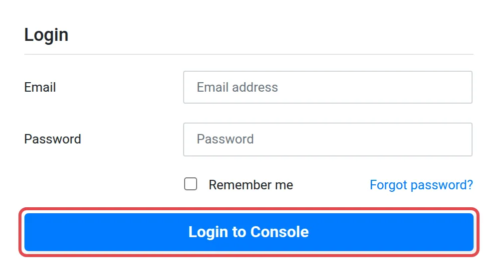 The Login page with the Login to Console button highlighted