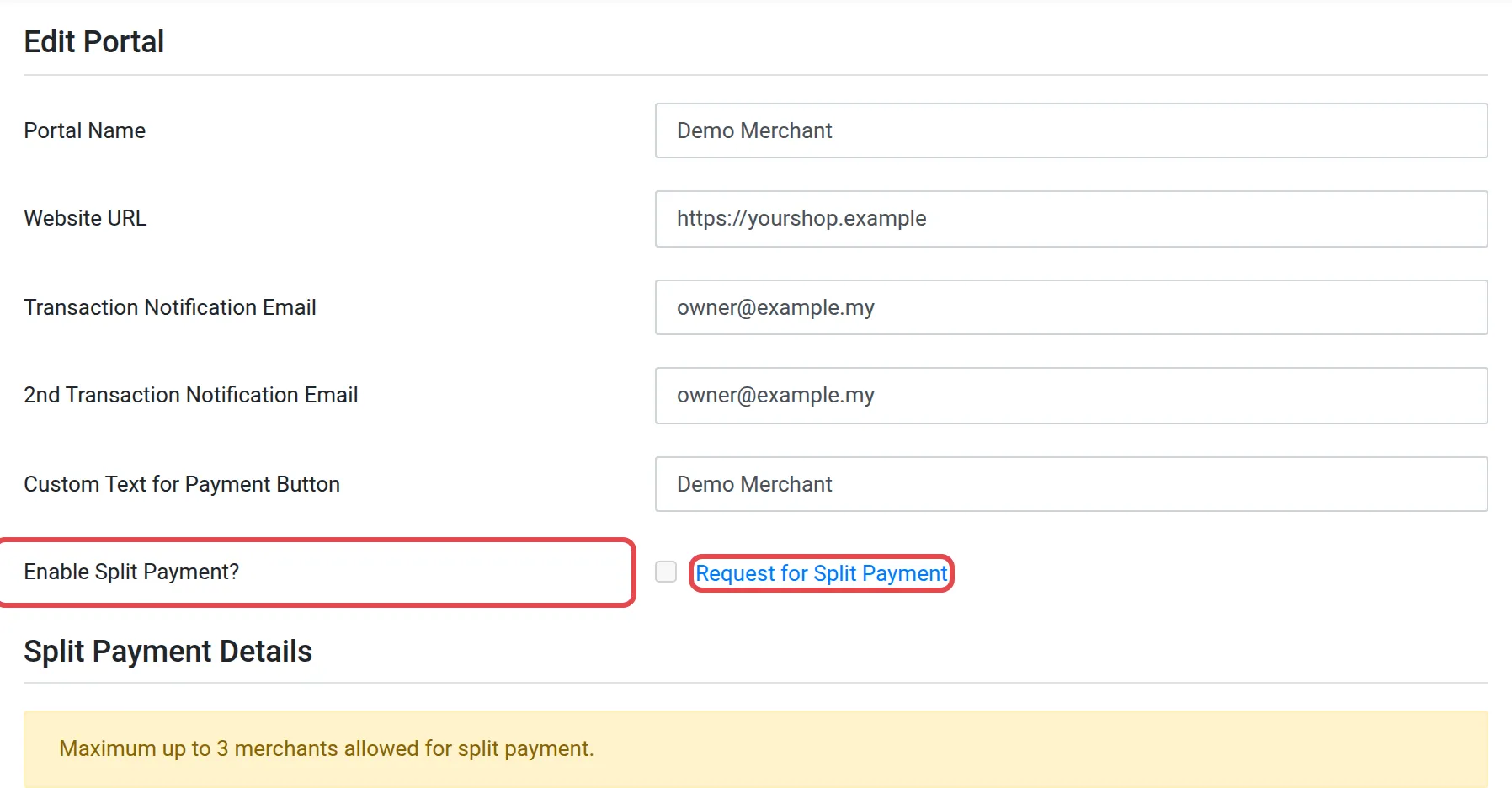 The Edit Portal page with Enable Split Payment? and Request for Split Payment highlighted