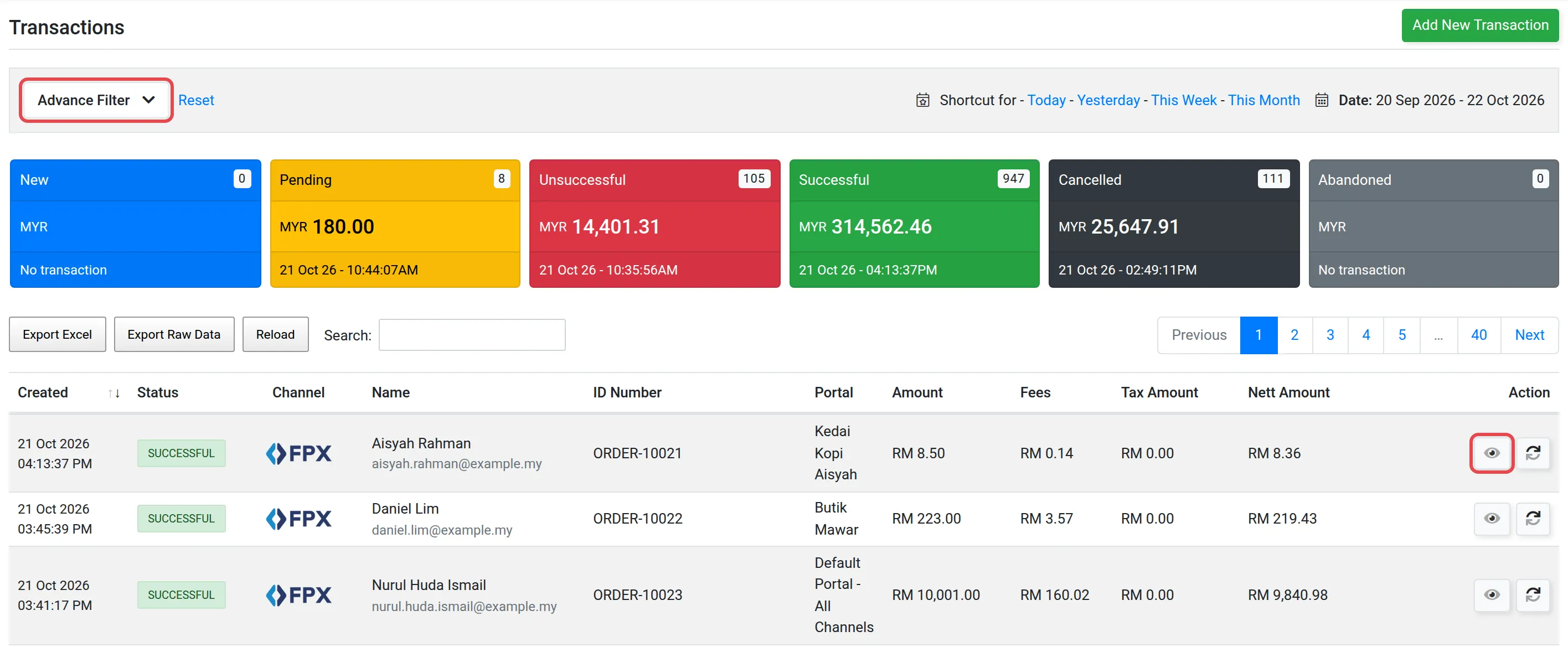 The Transactions page with the Advance Filter button and the eye icon highlighted