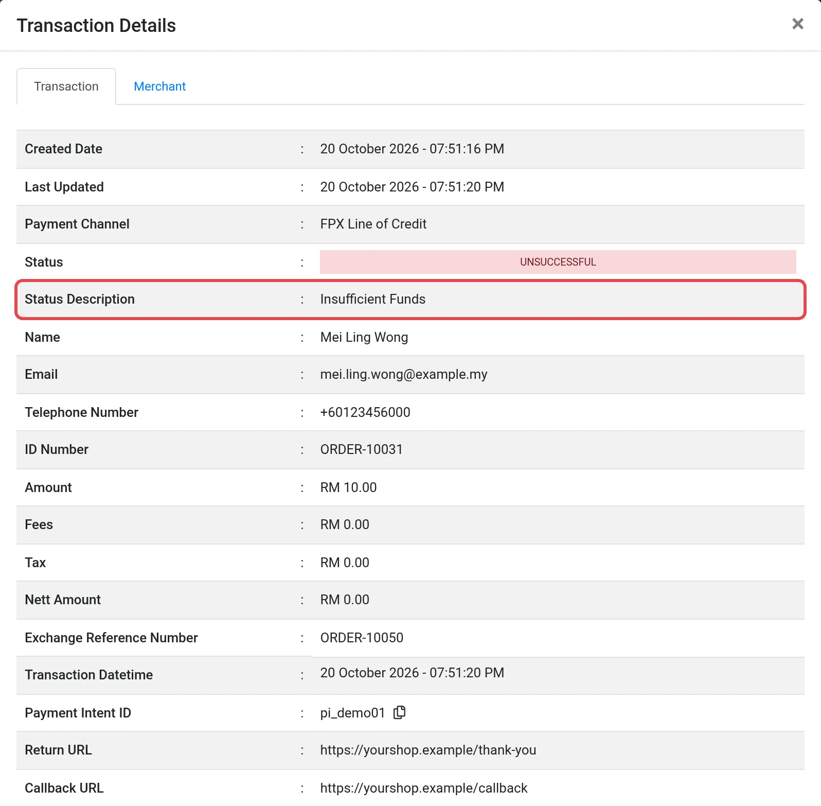 The Transaction Details window of an unsuccessful payment with the Status Description row highlighted