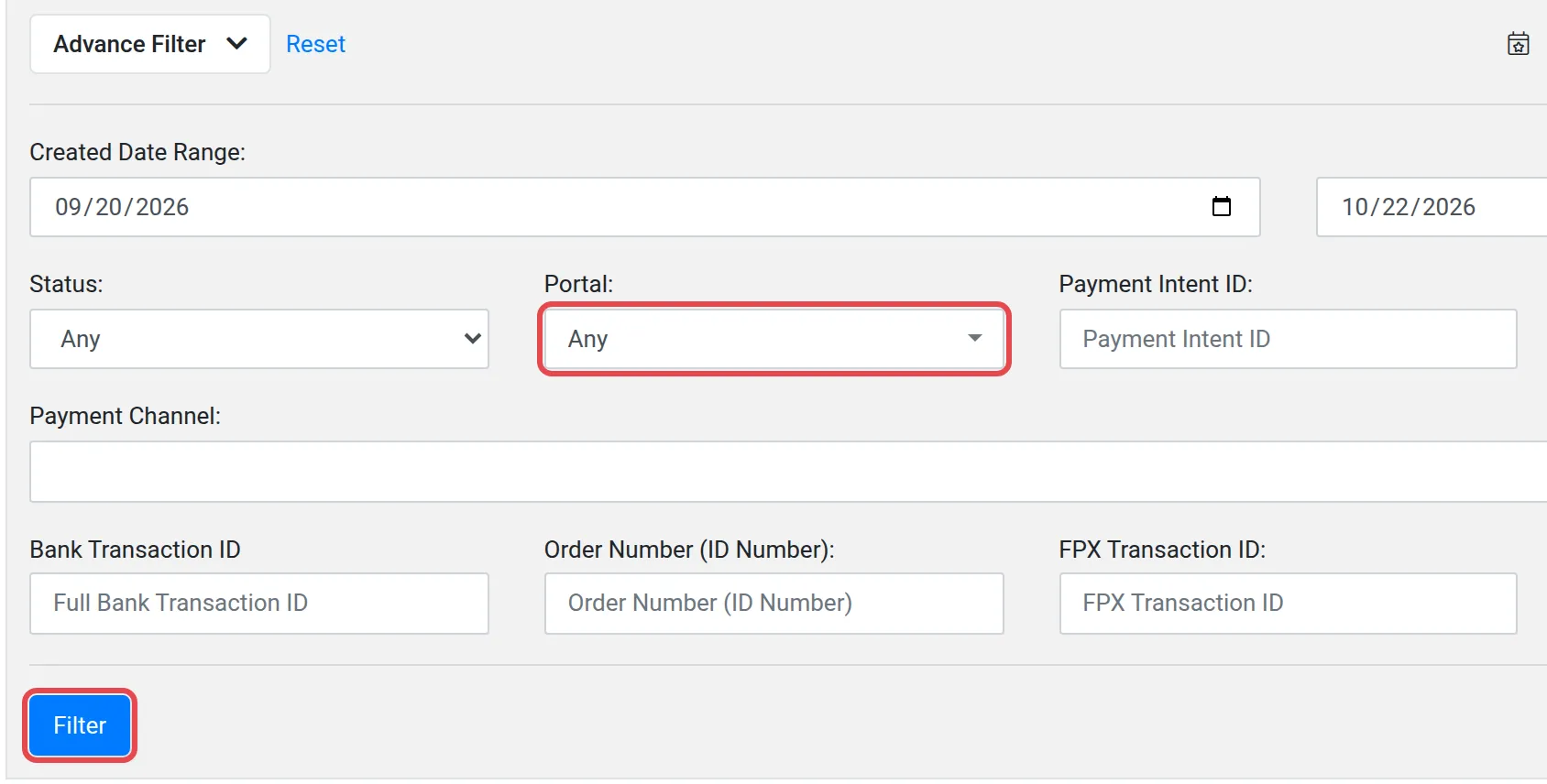 The Advance Filter panel on the Transactions page with the Portal list and the Filter button highlighted
