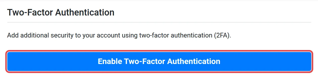The Two-Factor Authentication page with the Enable Two-Factor Authentication button highlighted