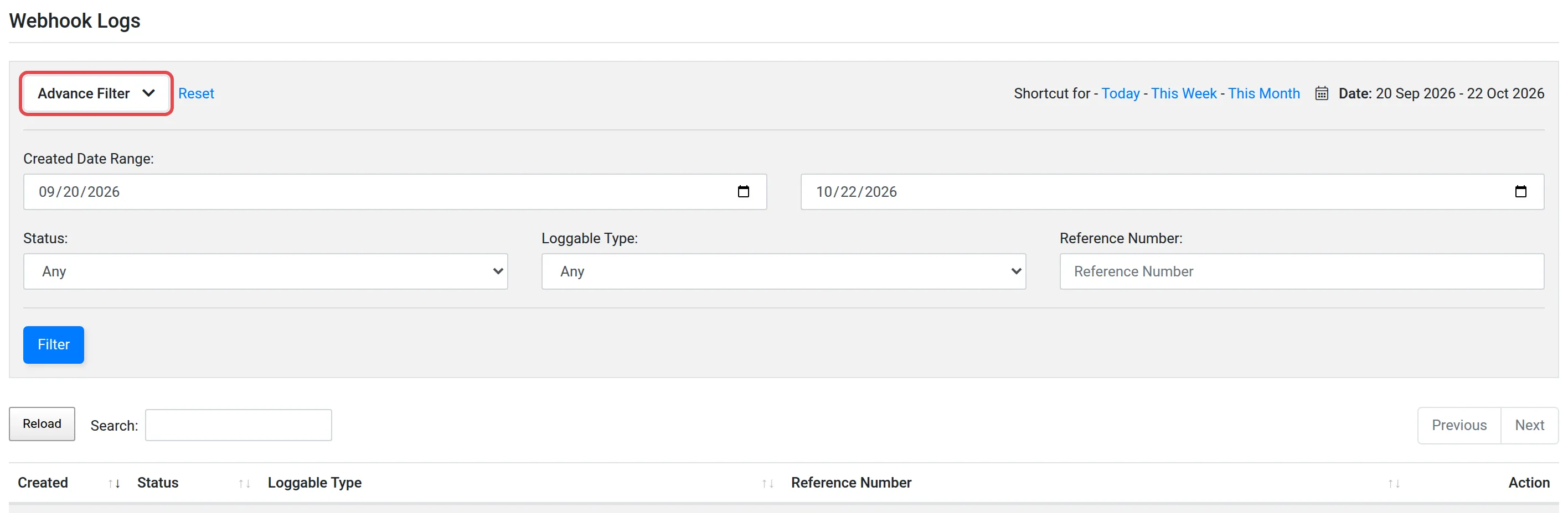 The Webhook Logs page with Advance Filter open and highlighted